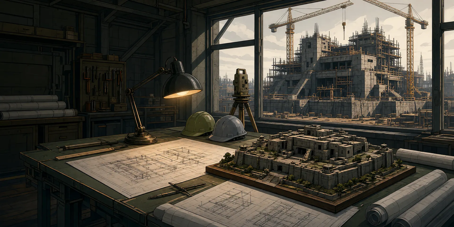 A construction office with blueprints and a scale model of a fortified base