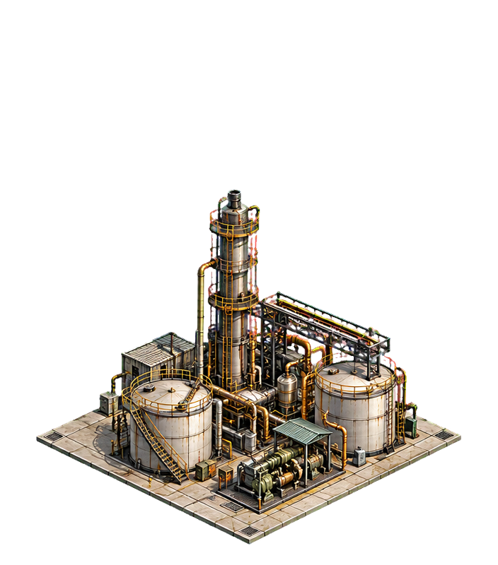 Oil Refinery at the fortified stage, storage tanks beside a cracking tower