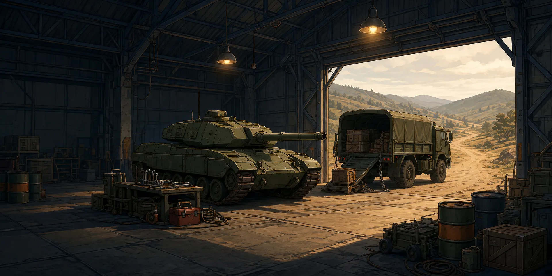 A supply truck being loaded with crates in a hangar beside a tank