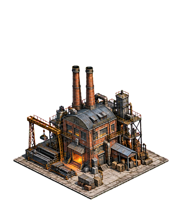 Steel Mill at the fortified stage, a concrete smelter with chimneys